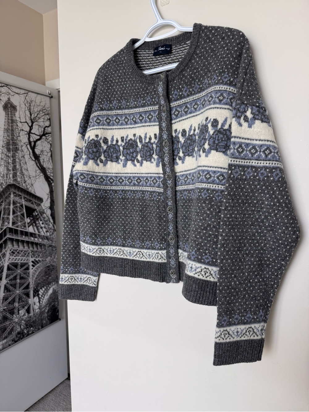 Simons Gray and Cream Fair Isle Floral Cardigan